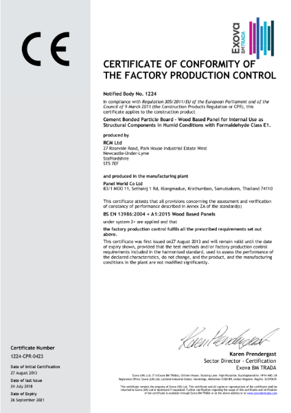 Cemboard Panel World Certificate of Conformity