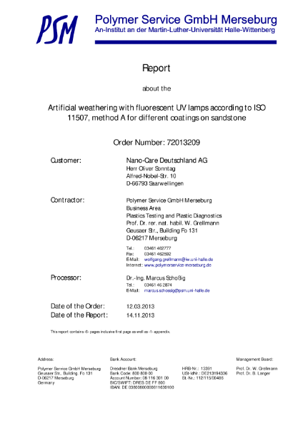Artificial weathering with fluorescent UV lamps according to ISO 11507, method A for different coatings on sandstone