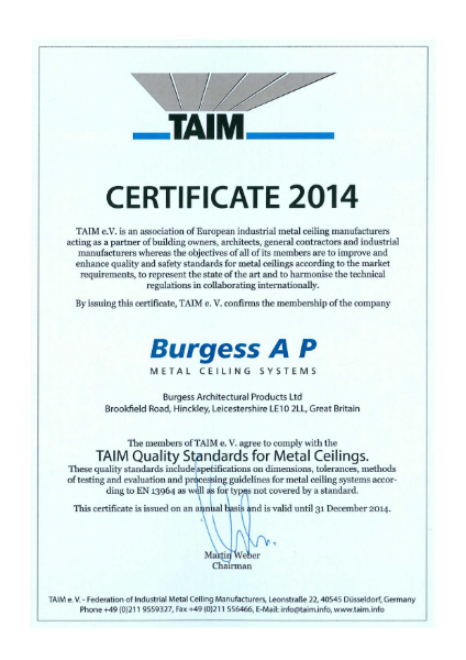 TAIM Quality Standards for Metal Ceilings
