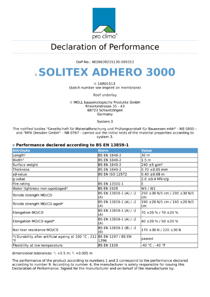 Solitex Adhero 3000 Declaration of Performance (DOP)