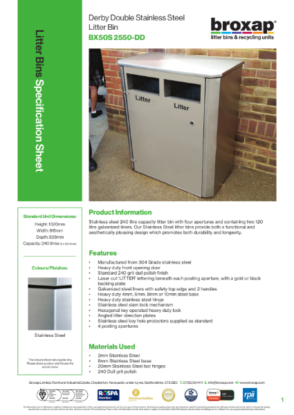 Derby Double Stainless Steel Litter Bin Specification Sheet