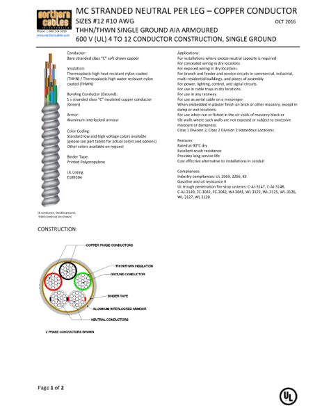 MC Neutral Per Leg Stranded Copper Circuit Size 600 Volts Single Ground