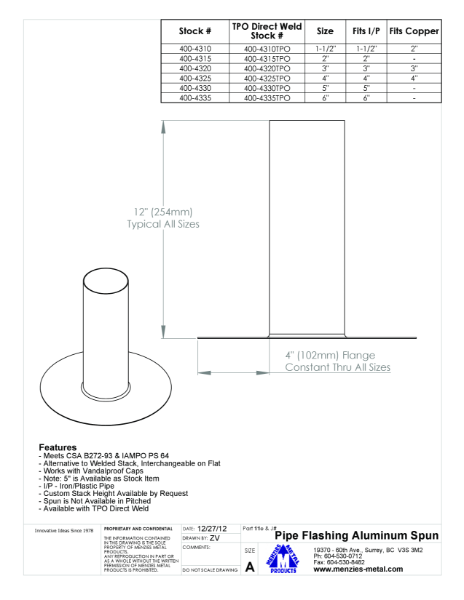 TECHNICAL DRAWING - PLUMBING STACK SPUN ALUMINUM