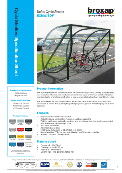 Sofco Cycle Shelter Specification Sheet