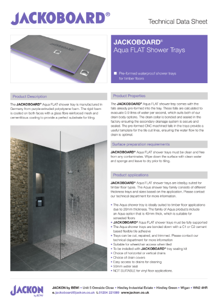 JACKOBOARD® Aqua FLAT Shower Tray Technical Data Sheet