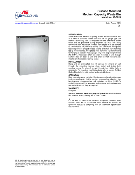 Traditional Waste Bin Specification Sheet