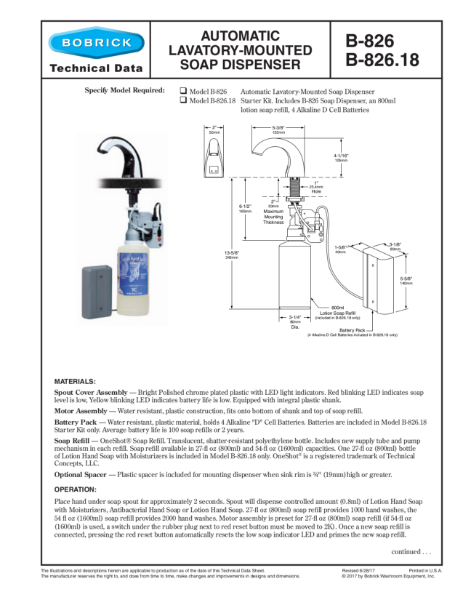 Automatic Lavatory-Mounted Soap Dispenser - B-826 and B-826.18