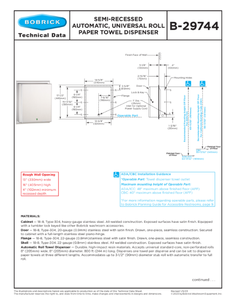 Semi-Recessed Automatic, Universal Roll Paper Towel Dispenser - B-29744