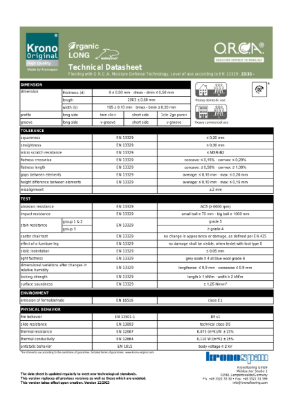 Krono Original Organic Long – Product Data Sheet