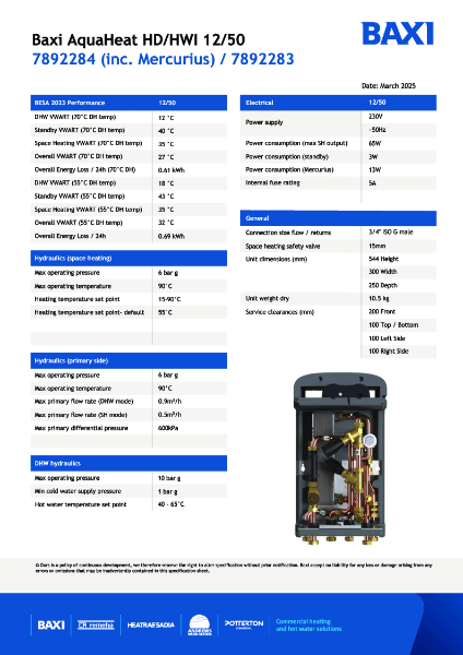 BAXI AquaHeat HD/HWI 12/50 - Technical Data Sheet