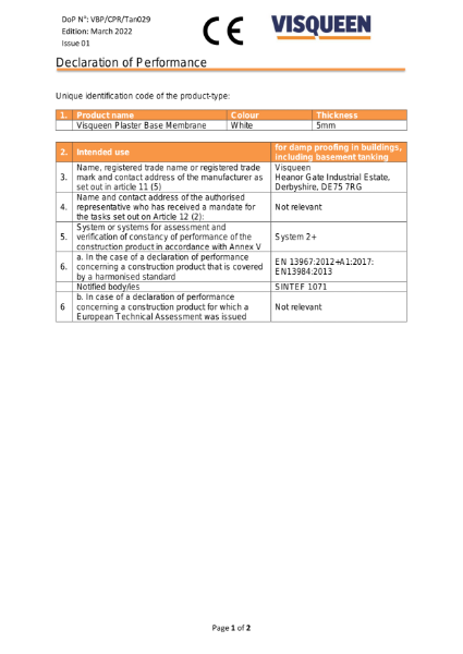 Tanking CE Visqueen Plaster Base Membrane Declaration of Performance