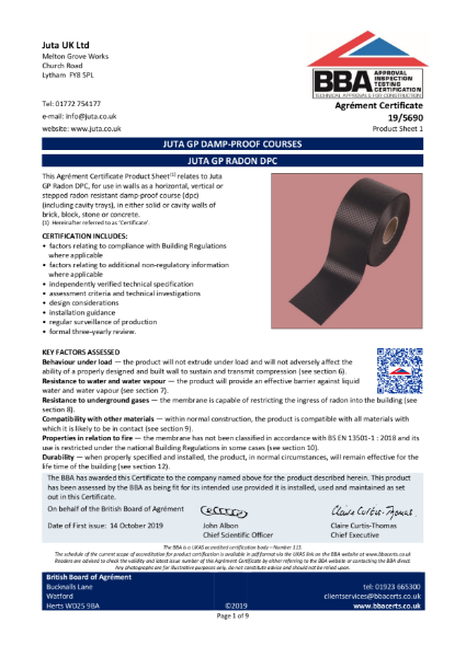 BBA Certificate 
JUTA GP Radon DPC 
19/5690 - Product Sheet 1 