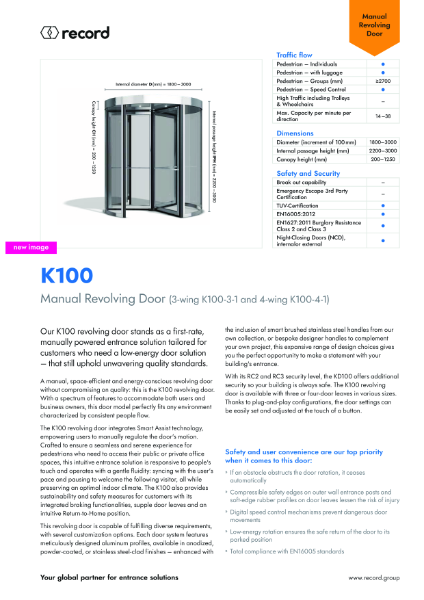 Record K100 Manual Revolving Door - Product Data Sheet