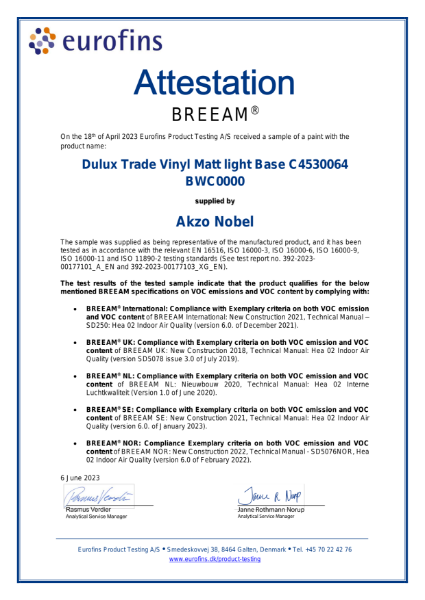 Dulux Trade Vinyl Matt BREEAM Attestation