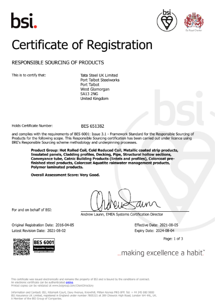 BES 6001 responsible sourcing certificate