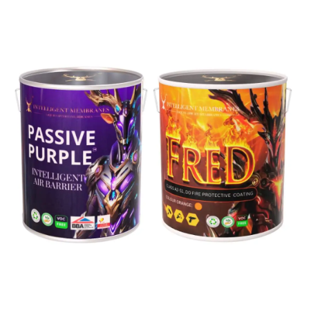 Passive Purple (VCL) and FRED (Intumescent Paint) - VCL and Fire-Rated B Liquid Applied Membrane  - Air Vapour and Fire-Retardant Coating