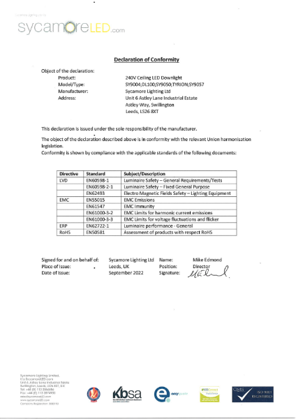 Declaration of Conformity - SY9004, SY9050, SY9057