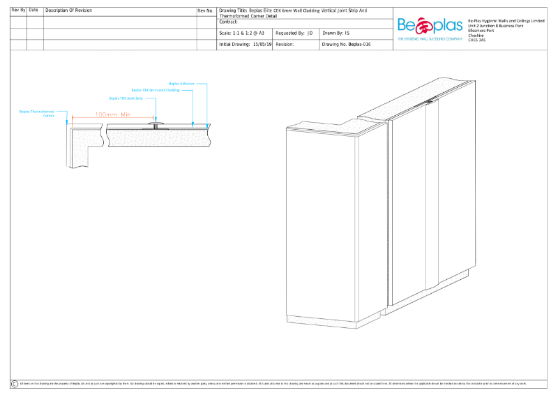 Beplas Elite CE-K Wall Cladding with vertical joint strip and thermoformed detail drawing