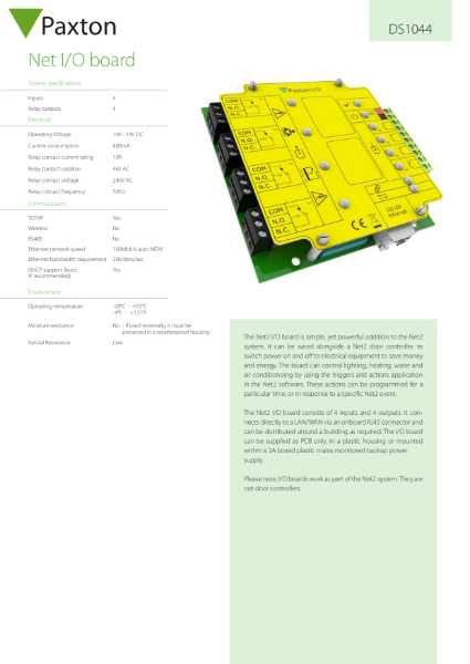 Net2 I/O Board - data sheet