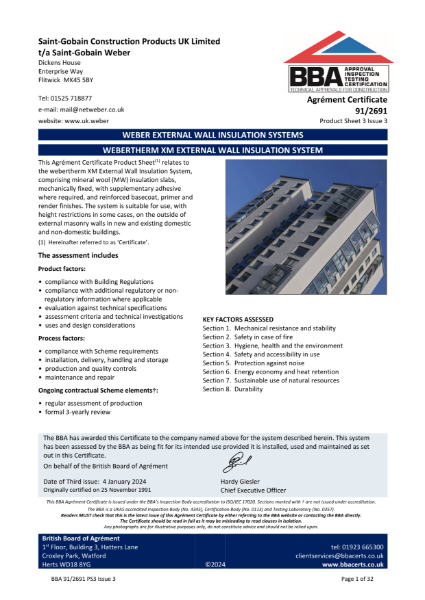 BBA Agrément Certificate (91/2691) Product Sheet 3 (webertherm XM with mechanically-fixed MFD onto masonry)