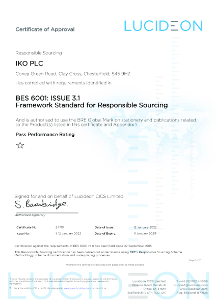 IKO PLC BES 6001 Site Certificate - Clay Cross