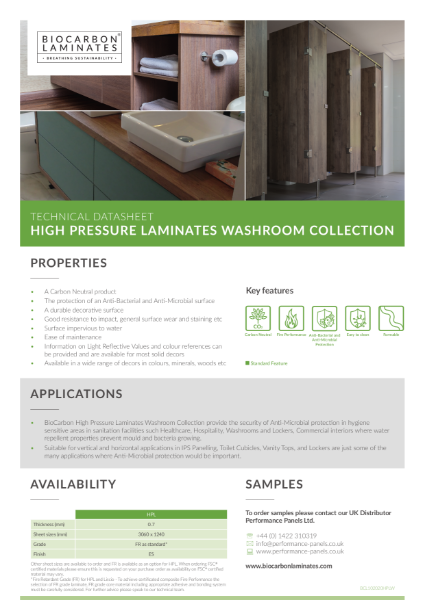 BioCarbon Laminates High Pressure Laminates (HPL) Washroom Collection datasheet