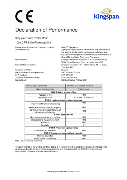 Kingspan Safire Pipe Wrap Declaration of Performance