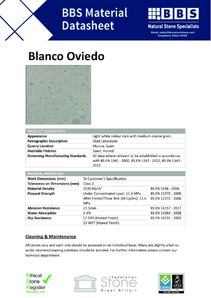 Limestone - Blanco Oviedo - Technical Data