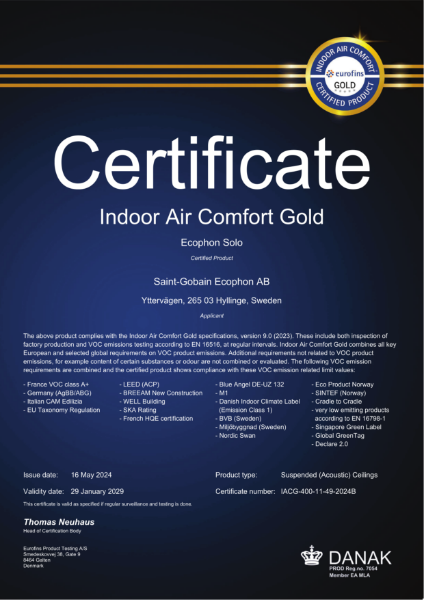 Ecophon Eurofins Certificate - Solo - Indoor Air Comfort -  Plant - 29th January 2029