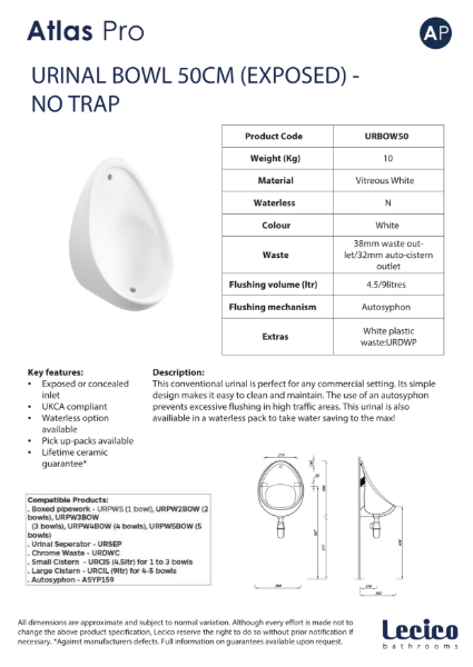 Atlas Pro Urinal Bowl 50cm (Exposed) - No Trap Data Sheet