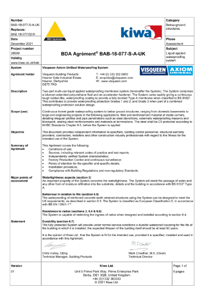 Visqueen Axiom Uniseal BDA Certificate