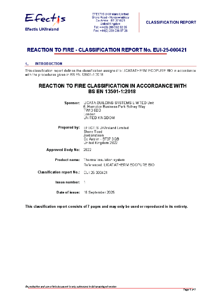 Reaction to Fire Classification Report - Licatatherm Ecopure Bio Façade System - Efectis