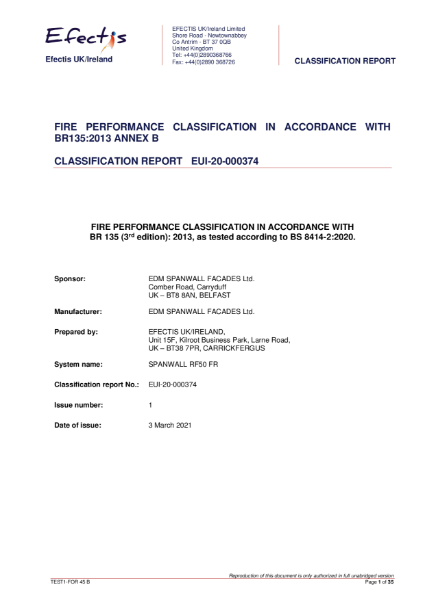 RF50-FR Rainscreen cladding system Fire Classification (BS8414-2)