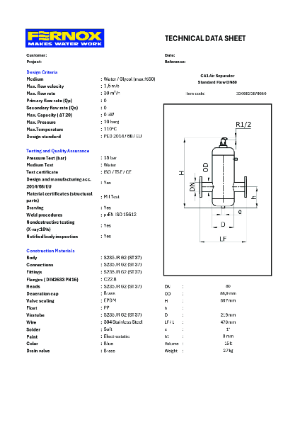 33006236 CA1 Air Sep STD DN80 Datasheet