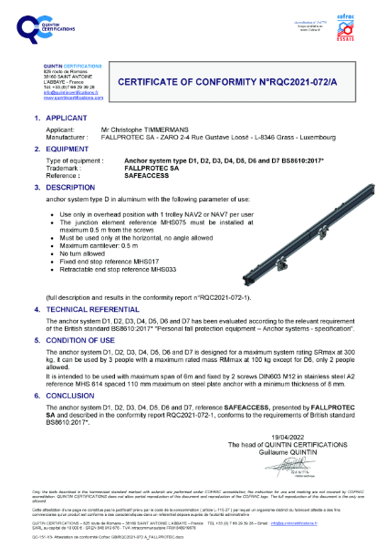 SafeAccess BS 8610:2017 Certificate of Conformity