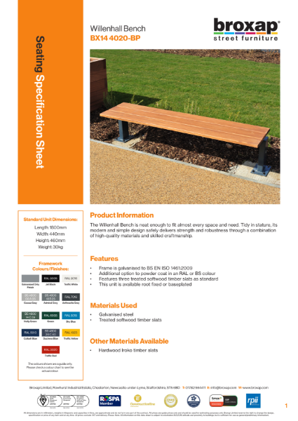 Willenhall Bench Specification Sheet