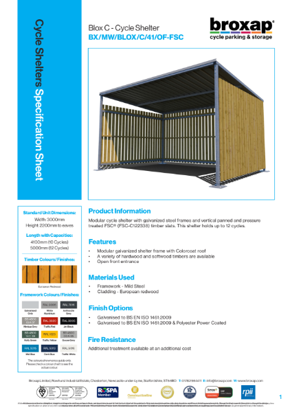Blox C Cycle Shelter Specification Sheet