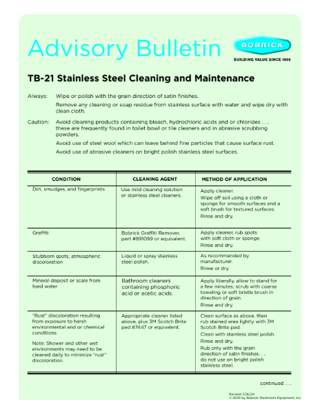 Advisory Bulletin TB-21 Stainless Steel Cleaning and Maintenance