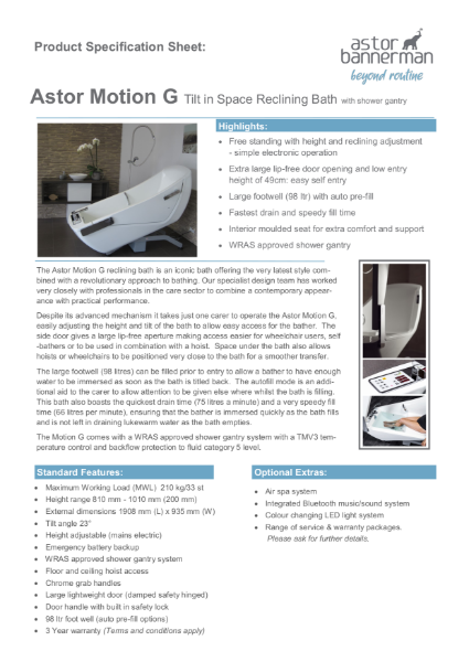 Astor Motion G Reclining Bath - Specification Sheet