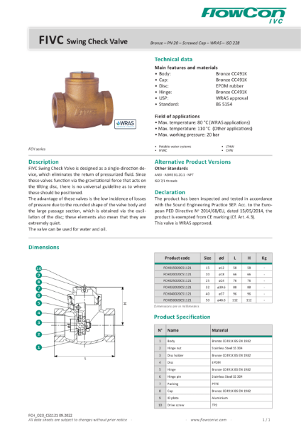 FlowCon IVC Series FCH WRAS-approved Bronze Female Threaded Swing Check Valve
