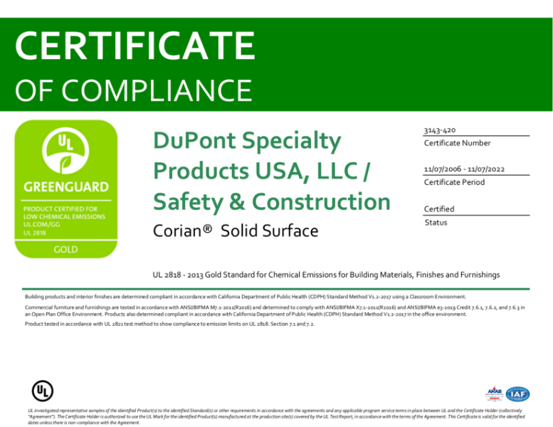 Corian® Solid Surface Greenguard Gold Certification CDUK NBS Source