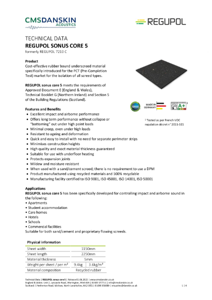 REGUPOL SONUS CORE 5 - Technical Data Sheet