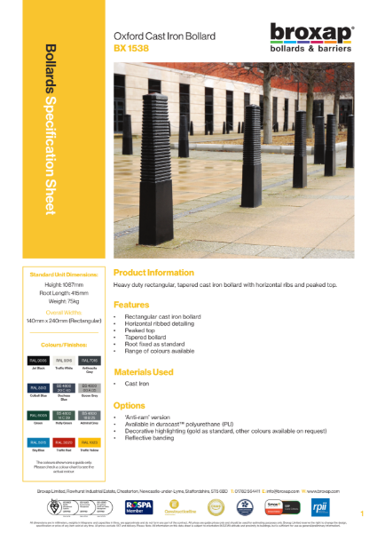 Cast Iron Oxford Bollard Specification Sheet