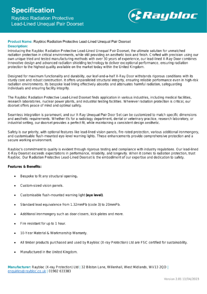 Lead-Lined Unequal Pair Doorset - Specification