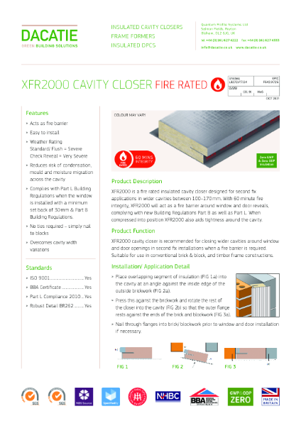 Dacatie XFR2000 - Fire Rated Cavity Closer Cavity Barrier 1 hour fire Integrity - 50 to 160mm Cavities - Datasheet