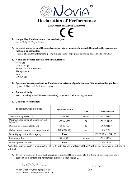 Novia 500 Gauge FR Class B-s1,d0 fire rated Virgin Polythene Declaration of performance
