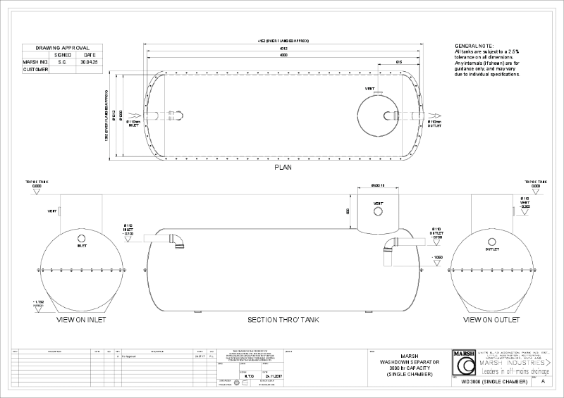 WASH DOWN - 3800L - SINGLE CHAMBER - ADDINGTON TANK (1.2m dia x 4.0m lg) (Rev.A)
