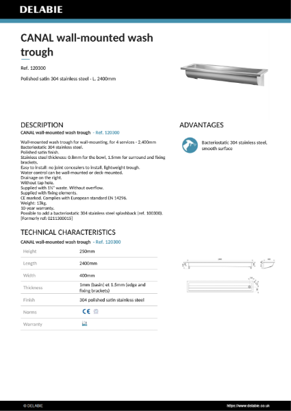 CANAL wall-mounted wash trough 2400 mm Product Data Sheet - 1120300