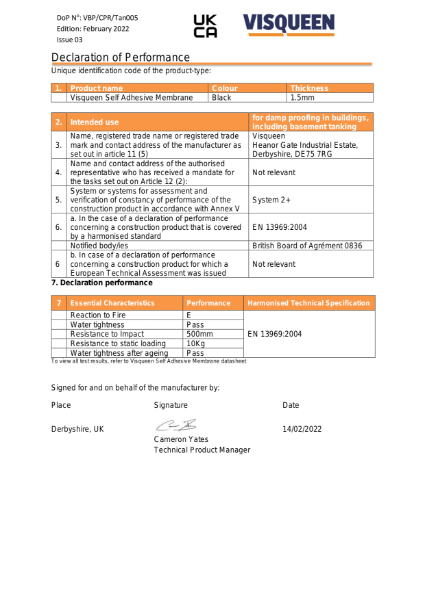 Tanking UKCA Visqueen Self Adhesive Membrane Declaration of Performance