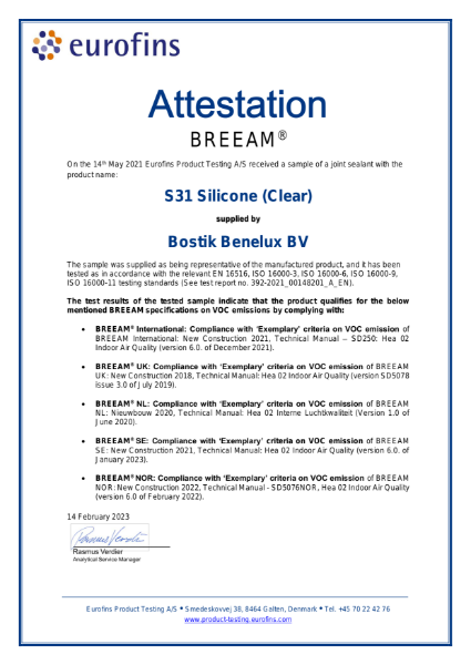 Bostik S31 Silicone (Clear) BREEAM Attestation